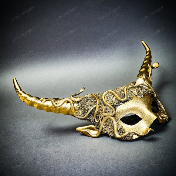 Gold Halloween Krampus Horn Woodland Medusa Snake Animal Devil Masquerade Mask - Picture 3 of 5
